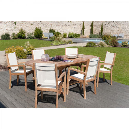 Ensemble table ovale extensible + 6 fauteuils empilables en teck massif et textile - Ensemble table chaise