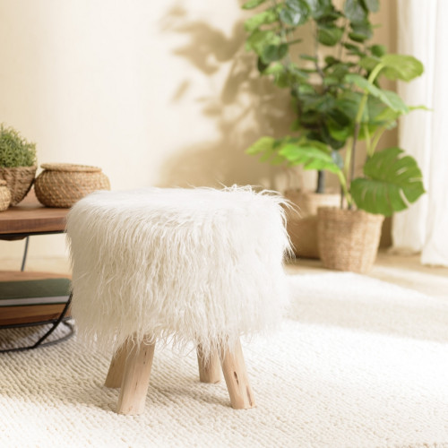 Tabouret rond 40x40cm peau de mouton couleur ivoire pieds bois SACHA Macabane  - Chaise design et tabouret design