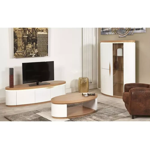 Meuble TV 3 portes et un tiroir interne en bois laque ELLIPSE Beige et Blanc  3S. x Home  - Meuble tv design