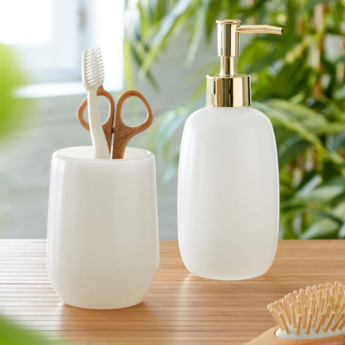 Set gobelet et distributeur de savon liquide en verre CLARION teinte blanche becquet  - Petit accessoires salle de bain