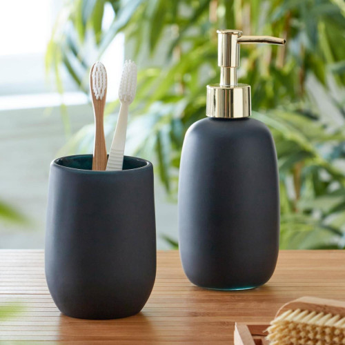 Set gobelet et distributeur de savon liquide en verre CLARION teinte noire - becquet - Accessoire salle de bain design