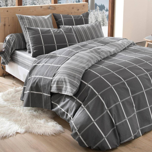 Drap plat coton imprimé à motifs carreaux gris foncé becquet  - Linge de lit
