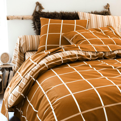 Drap plat imprimé motifs carreaux coton marron CARRU  - becquet - Becquet meuble & déco