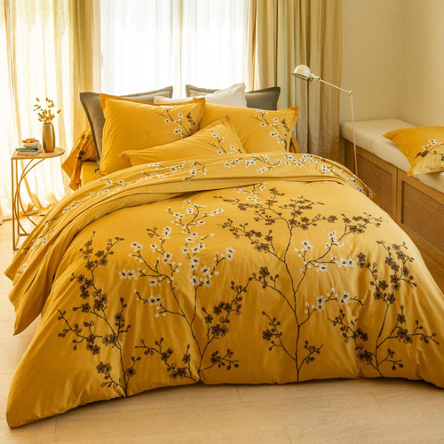 Drap housse coton imprimé motifs feuilles jaune ocre ILE SACREE - becquet - Linge de lit