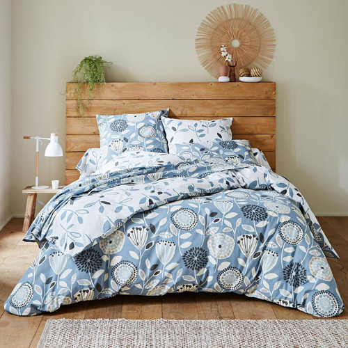 Housse de couette imprimée motifs feuilles en coton bleue SEVENTIES   - becquet - Chambre lit