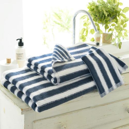 Drap de bain imprimé rayures coton bleu LAURA  - becquet - Serviette draps de bain