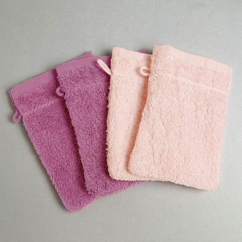 Lot de 4 gants de toilettes Brodés roses - becquet - Cuisine salle de bain