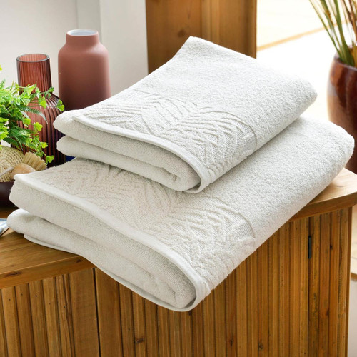 Serviette de toilette à motifs végétaux en Coton éponge 450G PALMITTA Blanc craie - becquet - Serviette draps de bain