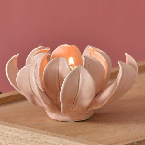 Photophore fleur ouverte en céramique EXTAR rose   becquet  - Objet deco design