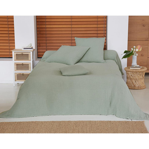 Jeté de lit WELLS vert en gaze de coton - becquet - Becquet meuble & déco