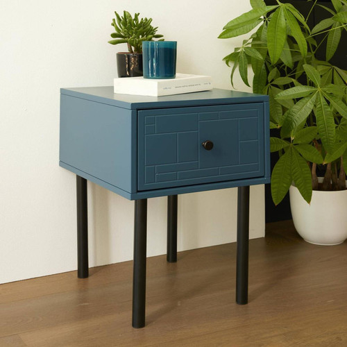Table de chevet bois et pieds métal KAISSON bleue becquet  - Table de chevet bois