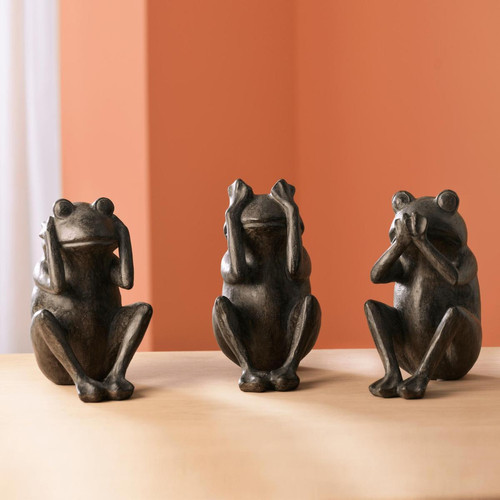 Set de 3 statuettes grenouilles de la sagesse en résine KERMIT noir becquet  - Objet deco design