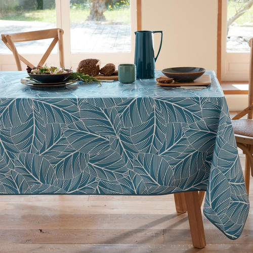 Nappe en toile cirée au mètre motifs feuilles ELOA bleu becquet  - Linge de table