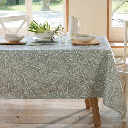 Nappe en toile cirée au mètre motifs feuilles ELOA gris becquet  - Linge de table