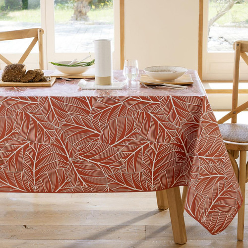 Nappe en toile cirée au mètre motifs feuilles ELOA rouge becquet  - Nappes et serviettes