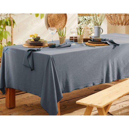 Nappe HONO bleu en coton becquet  - Linge de table