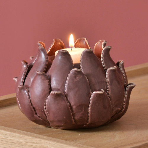 Photophore fleur violet aubergine en céramique becquet  - Objet deco design