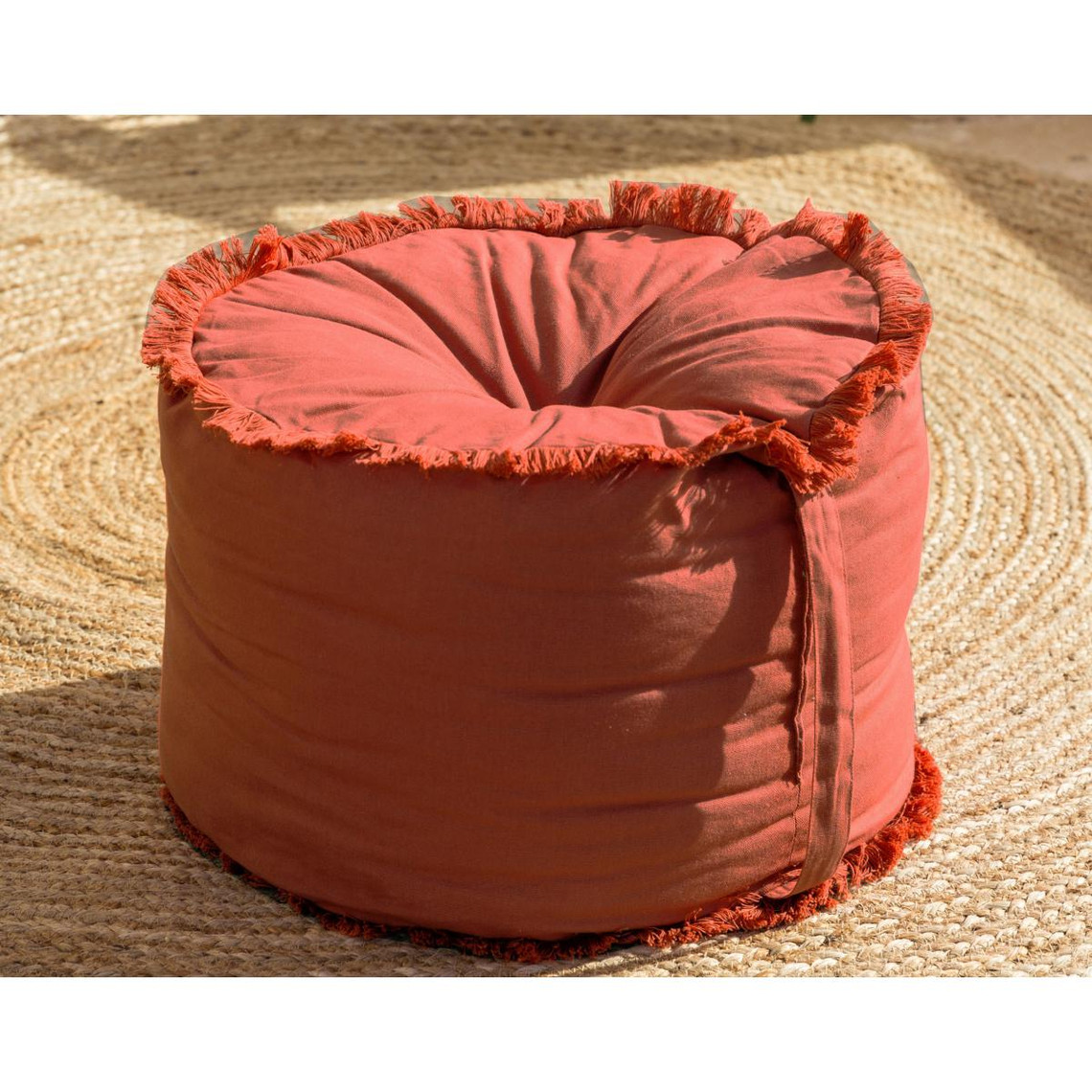 pouf frangé  rouge tomette en coton