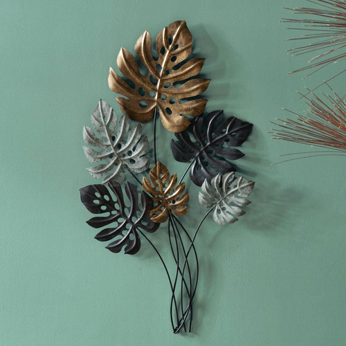 Plante décorative murale en métal PUKETI FEUILLAGE noir, mordor et bleu becquet  - Deco plantes fleurs artificielles