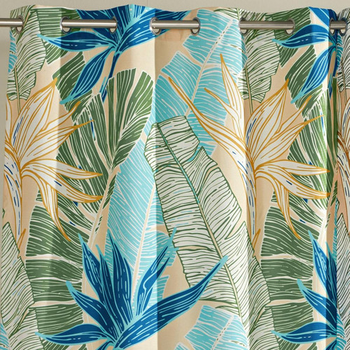 Rideau tissu à motifs exotiques Kalia bleu-vert becquet  - Textile design