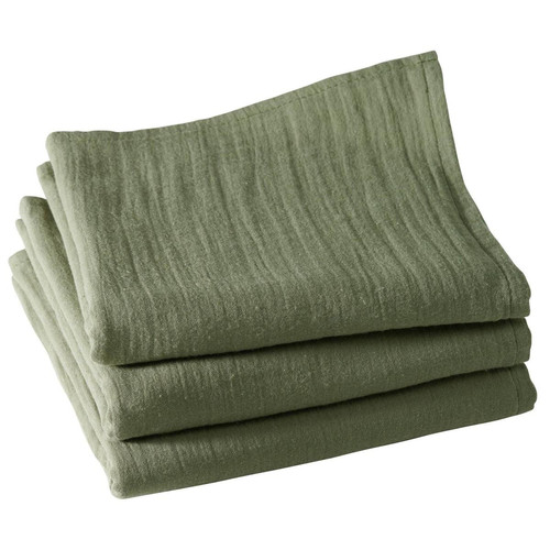 Lot de 3 serviettes de table en gaze de coton vert kaki OLIVIA becquet  - Serviette de table