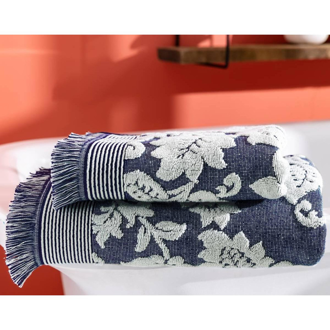 Serviette de bain FLORAISON bleu marine en coton