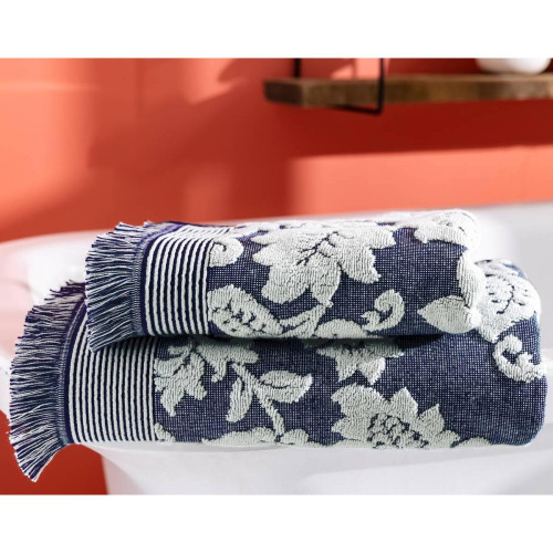 Serviette de bain  FLORAISON bleu marine en coton becquet  - Serviette draps de bain