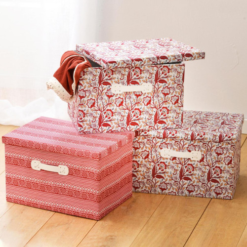 3 Boîtes de rangements en Carton et en Textile SUZY Rouge becquet  - Nouveautes deco design
