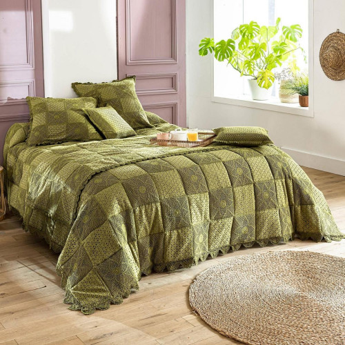 Plaid   vert kaki en coton SANDRA - becquet - Becquet meuble & déco