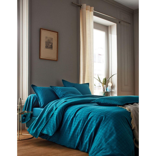 Parure Drap, 2 Taies d'Oreiller Bourdon Fin et un Drap Housse Bleu  Blanc des vosges  - Parure de lit bleu