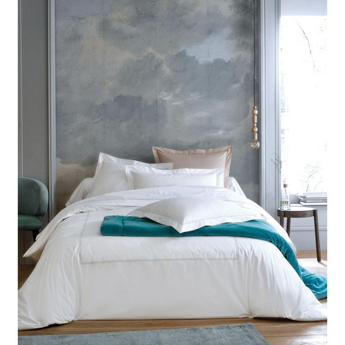 Parure Housse de Couette 2 Taies d'oreiller SOUVENIRS Bleu  - Blanc des vosges - Linge de lit