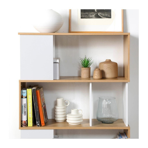 Bibliothèque avec Décor Chêne en bois Blanc - Calicosy - Salon meuble deco