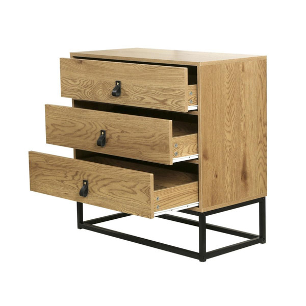 Commode décor chêne 3 tiroirs piétement métal et en bois Beige