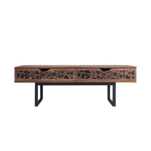 Table basse 2 tiroirs décor bois et motifs noirs Anaêlle Calicosy  - Table basse noir design