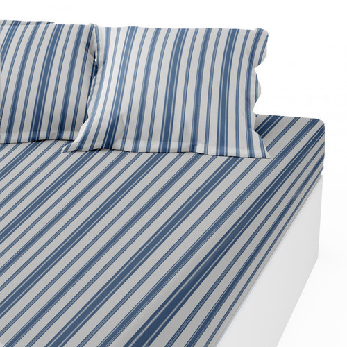 Drap-housse coton MARKUS - Bleu et blanc - 3S. x Collection (Nos Imprimés) - Journee du sommeil