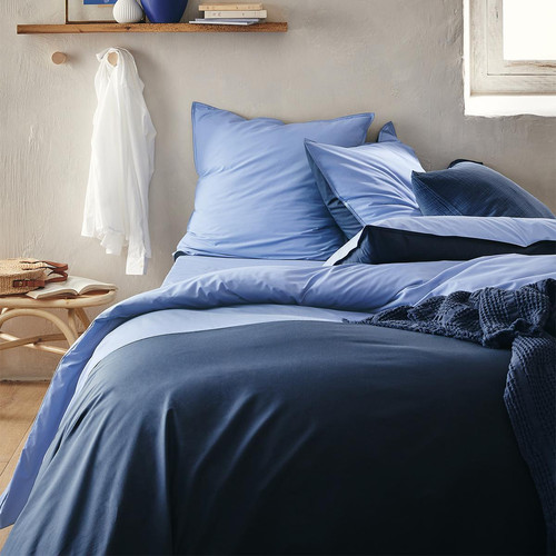 Housse de couette bicolore en percale coton, Rendez-Vous Bleu Olympe / Bleu nuit, 140x200 cm Essix