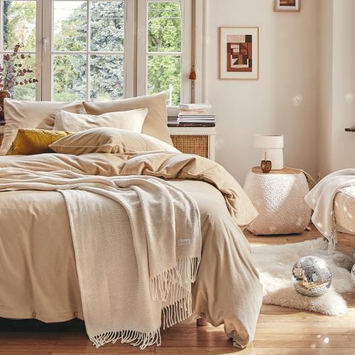 Taie d'oreiller unie en flanelle de coton chambray, Frisson Essix  - Nouveautes chambre lit