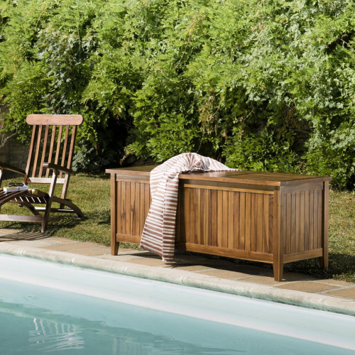 Coffre de jardin piscine HANNA en bois teck huilé 165x55cm - Macabane jardin meuble deco