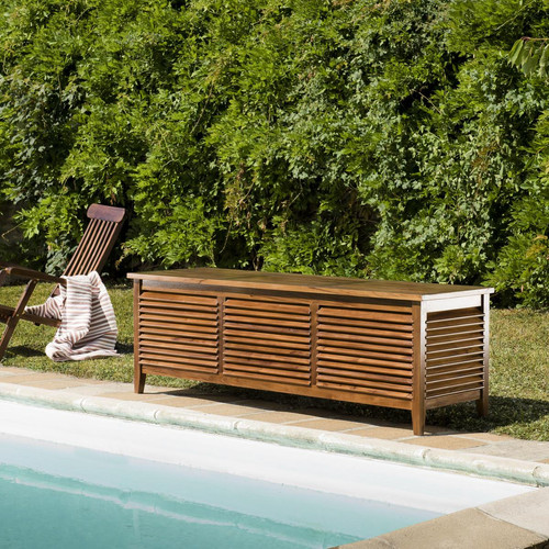 Coffre de jardin piscine HANNA en bois teck huilé 200x55cm Macabane  - Meuble de jardin design