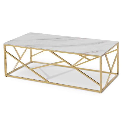 Table Basse OPERA Verre Effet Marbre Et Pieds Or - Table basse blanche design