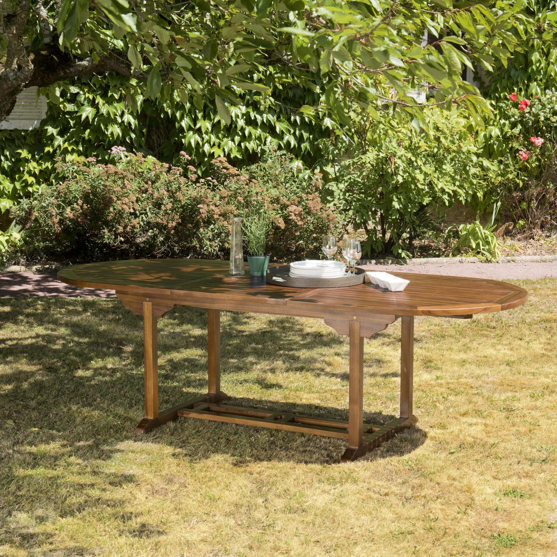Table de jardin HANNA 8/10 personnes - Table ovale extensible 180/240 x 100 cm en bois teck huilé