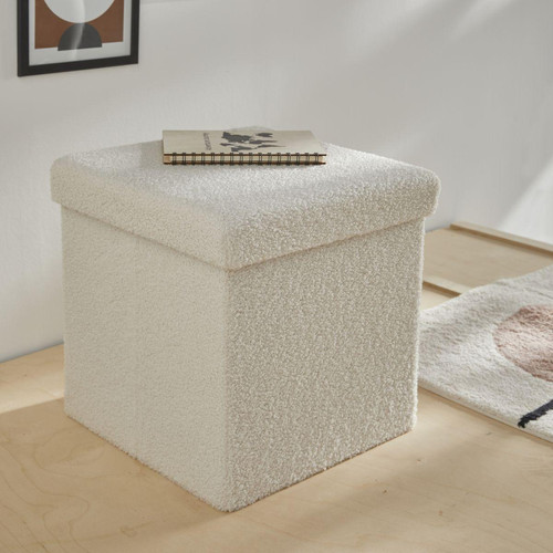 Cube Coffre Blanc Bouclette Carre 38x38 Polyester - DeclikDeco - Rangement meuble