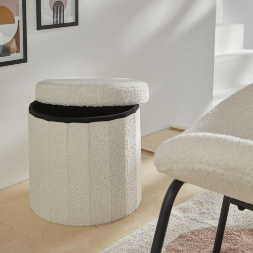 Cube Coffre Beige Bouclette Rond Polyester - DeclikDeco - Rangement meuble