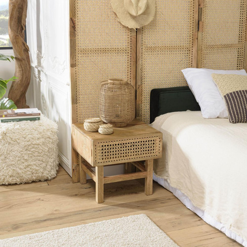 Chevet marron 1 tiroir bois de manguier et cannage naturel ISA - Deco chambre adulte design