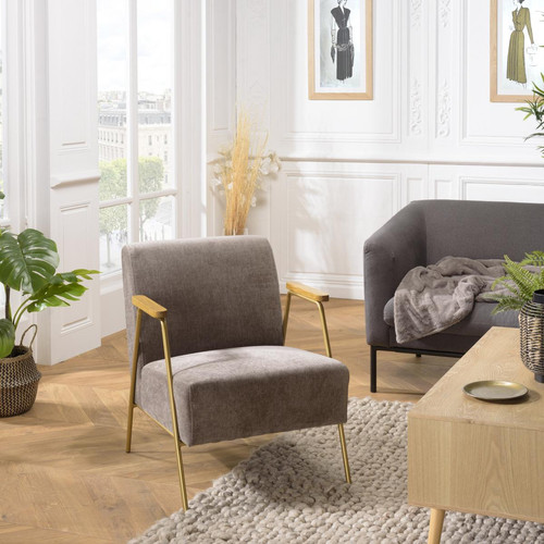 Fauteuil lounge tissu taupe métal doré accoudoirs bois - Fauteuil marron design
