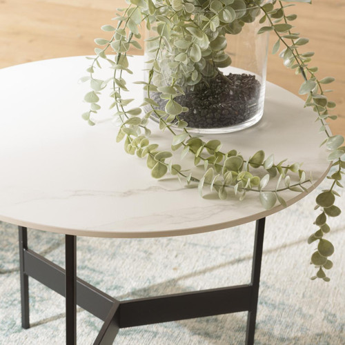 Table basse ronde Blanc 50x50cm plateau effet marbre piètement métal DALY