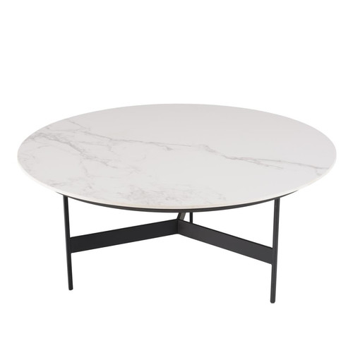 Table basse ronde Blanc 78x78cm plateau effet marbre piètement métal 