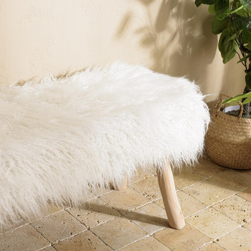 Banc 120x40cm peau de mouton couleur ivoire pieds bois naturel SACHA