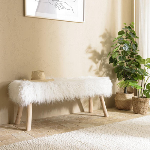 Banc 120x40cm peau de mouton couleur ivoire pieds bois naturel SACHA Macabane  - Chaise design et tabouret design