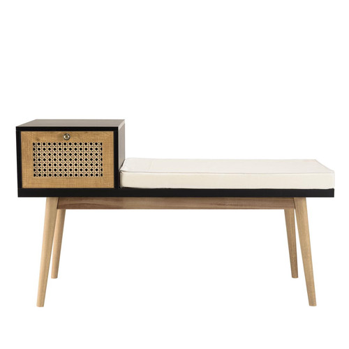 Banc marron assise noire 1 tiroir effet cannage  CHARLIE Macabane  - Deco meuble design scandinave